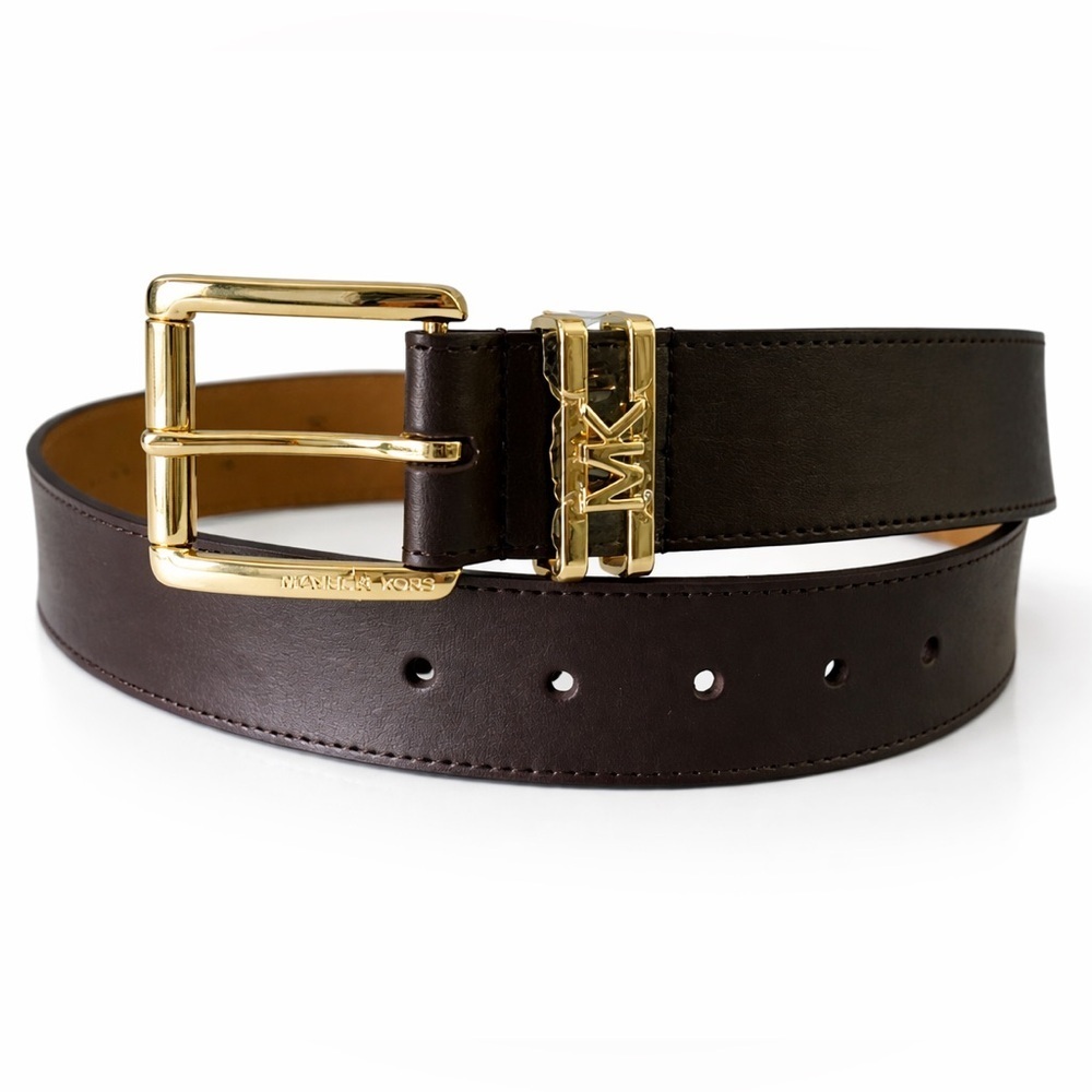Michael Kors Genuine Leather Logo Buckle Belt Brown Gold Hardware XS $58 MSRP